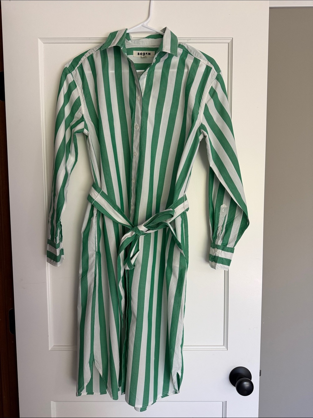Boden Green and White Vertical Stripe Midi Shirt Dress with Waist Tie